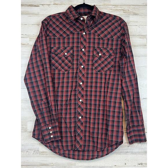 Wrangler Wrancher Shirt Mens Med Red Plaid Pearl Snap Western Cowboy - Picture 1 of 8